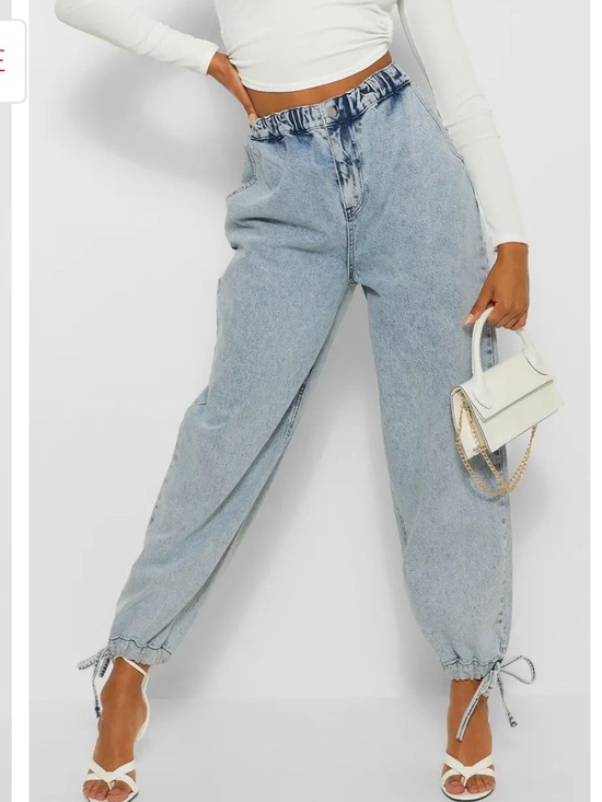 Boohoo Denim - Boohoo Light Blue Paperbag Waist Boyfriend Jeans with Drawstring Hems